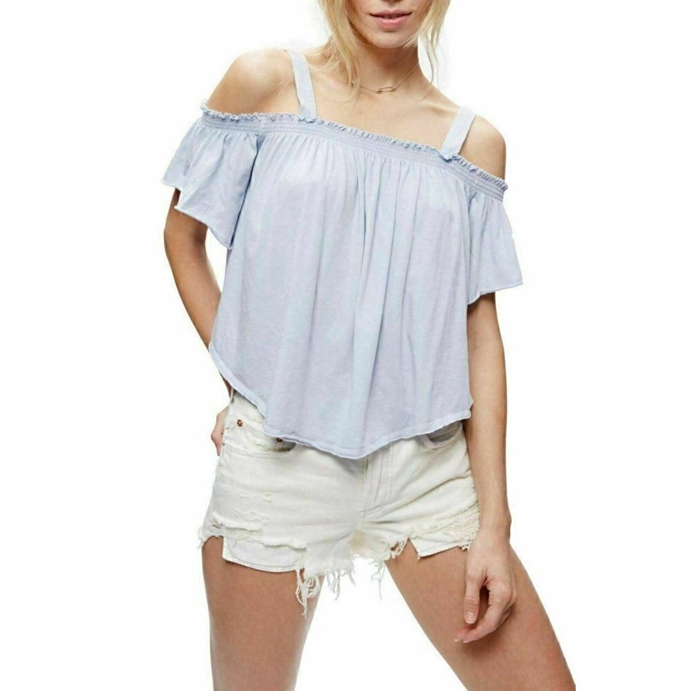 Free People Blue Darling Off-the-shoulder Shirt L - Picture 2 of 5